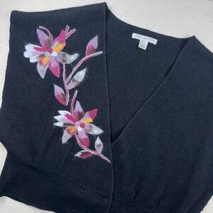 Vintage Peter Martin XL Wool Floral Cardigan Black Oversized Sweater Embroidered